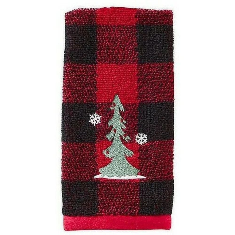 Christmas Tree Fingertip Towels Embroidered Cabin Rustic Buffalo Plaid Set of 2